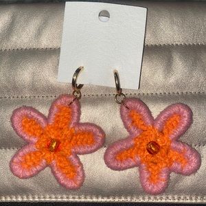 Wow! NWT! Free People Dahlia Crochet Huggie Hoop flower Earrings -Orange…